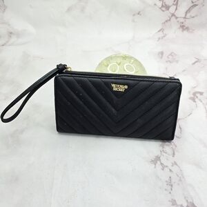 Victorias Secret Wallet Black Faux Leather Quilted Chevron Bifold Snap Zip Coin